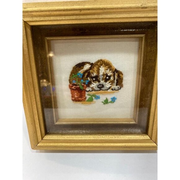 Adorable Vintage Puppy Dog Kitten Cat Shadow Box Framed Needlework Art Handmade - Picture 2 of 6
